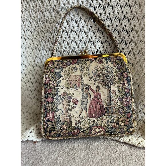 Vintage 50s Tapestry Dancing and Floral Clutch Purse Top Handle Large Handbag - Picture 1 of 8